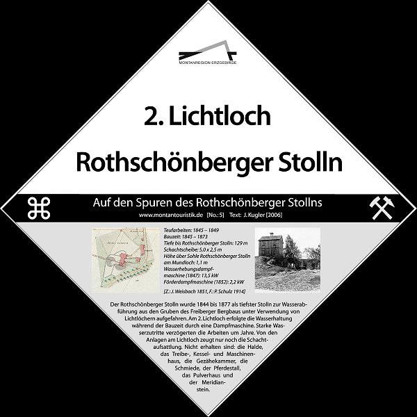 
				2. Lichtloch Rothschönberger Stolln: Teufarbeiten: 1845-1849, Bauzeit: 1845-1873, Tiefe bis Rothschönberger Stolln: 129 m, Schachtscheibe: 5,0 m x 2,5 m, Höhe über Sohle Rothschönberger Stolln am Mundloch: 1,1 m, Wasserhebungsdampfmaschine (1847): 13,5 kW, Förderdampfmaschine (1852): 2,2 kW (Z: J. Weisbach 1851, F.: P. Schulz 1914). Der Rothschönberger Stolln wurde 1844 bis 1877 als tiefster Stolln zur Wasserabführung aus den Gruben des Freiberger Bergbaus unter Verwendung von Lichtlöchern aufgefahren. Am 2. Lichtloch erfolgte die Wasserhaltung während der Bauzeit durch eine Dampfmaschine. Starke Wasserzutritte verzögerten die Arbeiten um Jahre. Von den Anlagen am Lichtloch zeugt nur noch die Schachtaufsattlung. Nicht erhalten sind: die Halde, das Treibe-, Kessel- und Maschinenhaus, die Gezähekammer, die Schmiede, der Pferdestall, das Pulverhaus und der Meridianstein.
				