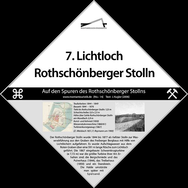 
				7. Lichtloch Rothschönberger Stolln: Teufarbeiten: 1844-1849, Bauzeit: 1844 -1876, Tiefe bis Rothschönberger Stolln: 123 m, Schachtscheibe: 5,0 m x 2,5 m, Höhe über Sohle Rothschönberger Stolln am Mundloch: 3,9 m, Kunst- und Kehrrad (1850), Wassersäulenmaschine (1860/61), Turbinenkunstgezeug (1867), (Z: Weisbach 1851, F.: Reymann um 1900). Der Rothschönberger Stolln wurde 1844 bis 1877 als tiefster Stolln zur Wasserabführung aus den Gruben des Freiberger Bergbaus mit Hilfe von Lichtlöchern aufgefahren. Es wurde Aufschlagwasser aus dem Roten Graben über eine 591 m lange Rösche zum Lichtloch geführt. Die 1867 eingebaute Schwamkrugturbine (Durchmesser 7,72 m) war die größte Turbine ihrer Art. Erhalten sind: die Bergschmiede und das Pulverhaus (1844), das Treibehaus (1850) und ein Standstein. Die Halde umstürzte man später mit Spülsand.
				